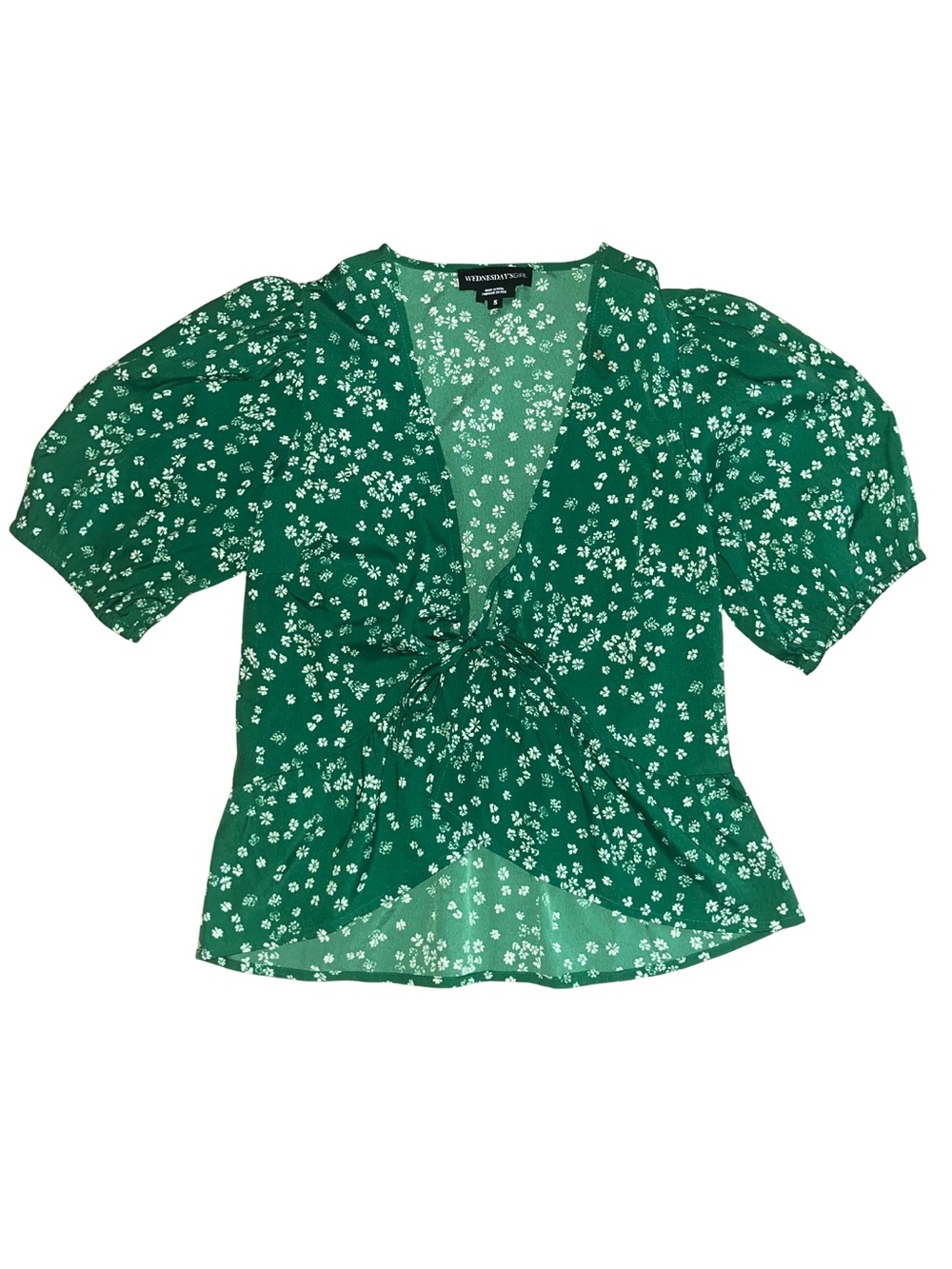 Green Floral Tie-Front Puff Sleeve Blouse